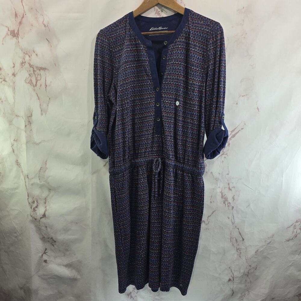 Eddie Bauer Dress Womens Medium Blue Pattern Long Sleeve Roll Up Cotton T Shirt